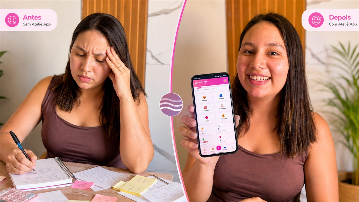 Antes e depois: a artesã frustrada com caderno e calculadora antes do Ateliê App, e sorrindo com o app na mão depois