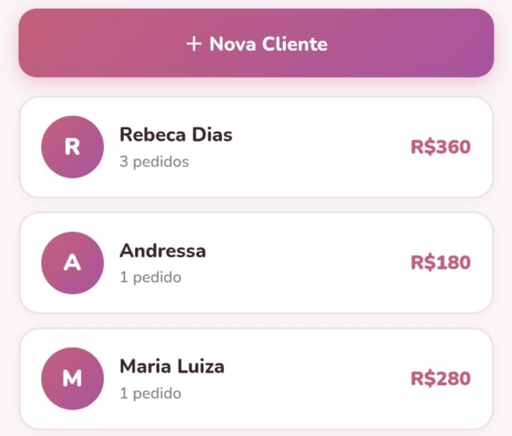 Ficha de cliente do Ateliê App com histórico de pedidos