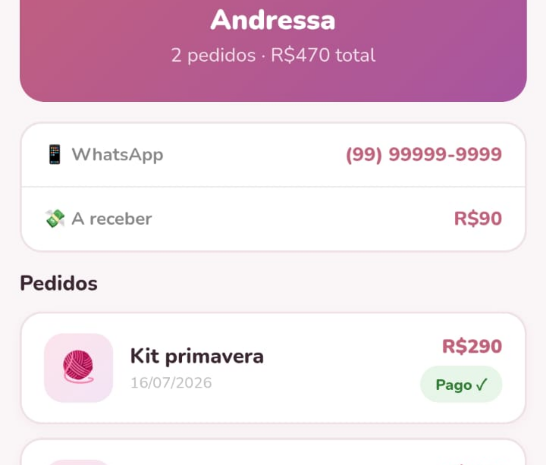 Ficha de cliente do Ateliê App com histórico de pedidos