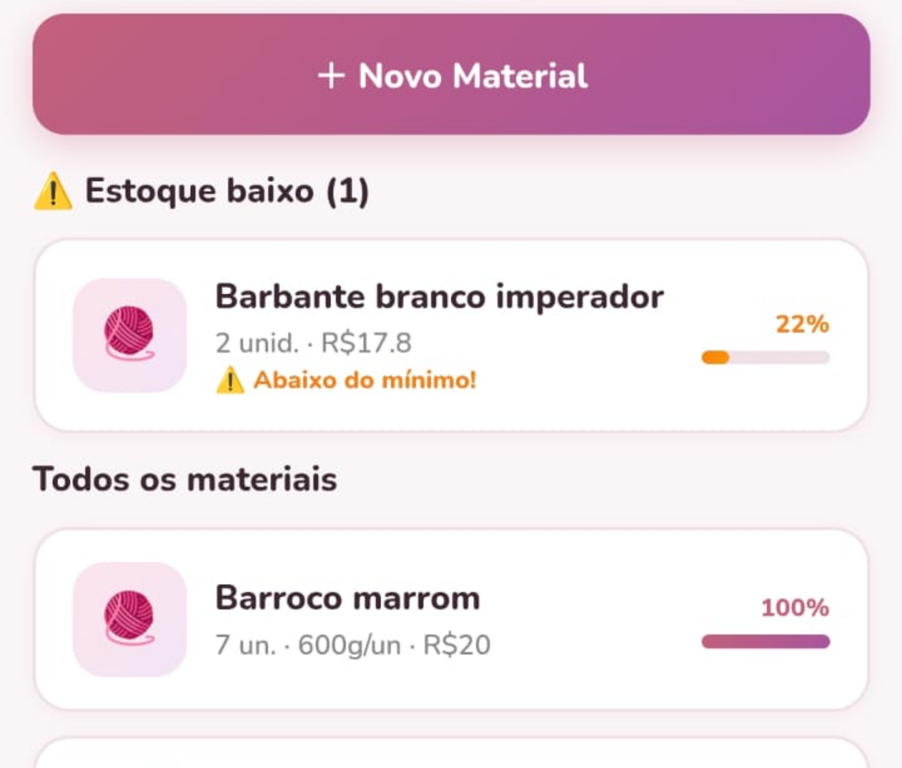 Tela de estoque do Ateliê App com alerta de reposição