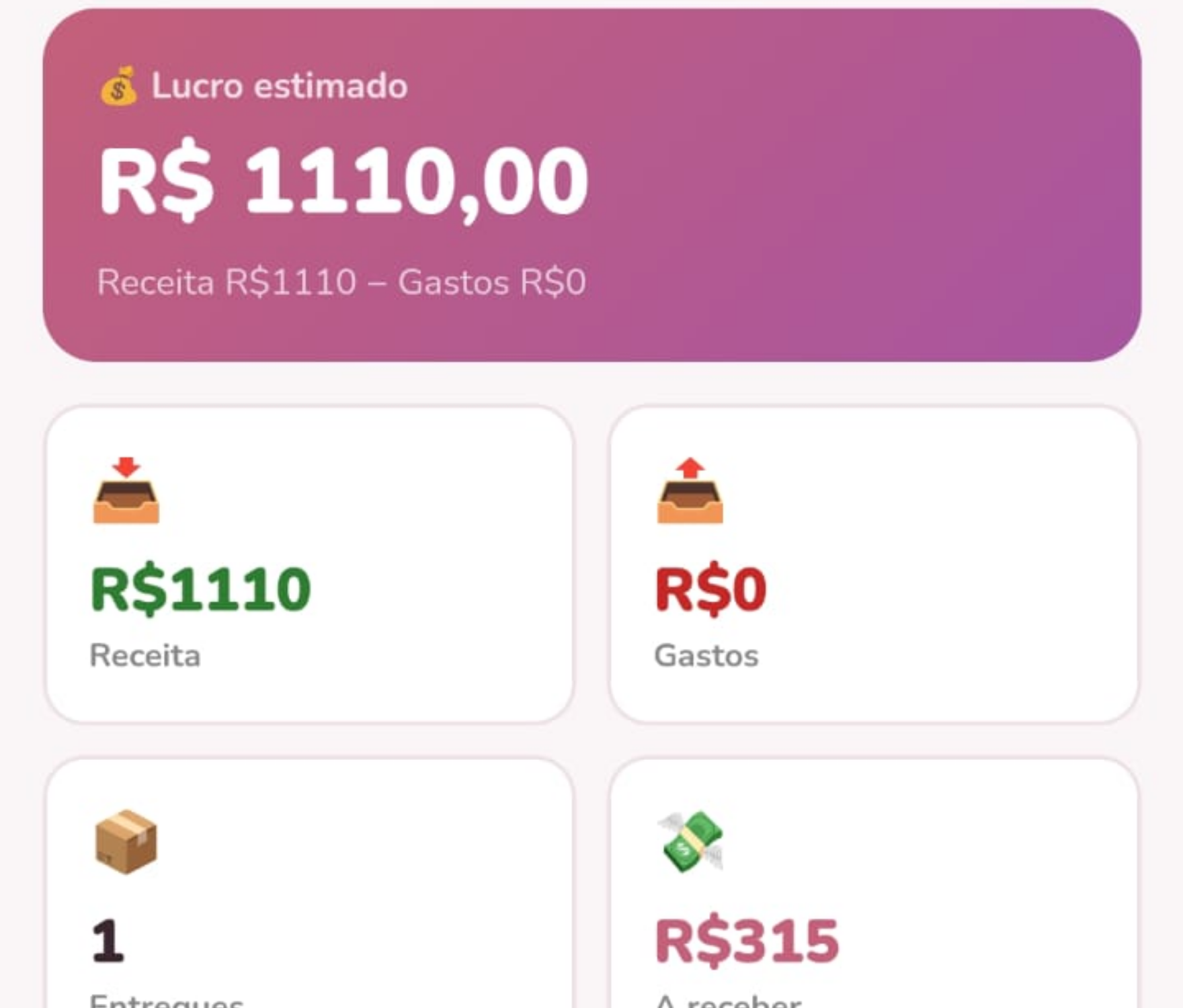 Tela financeira do Ateliê App com receita, lucro e saldo