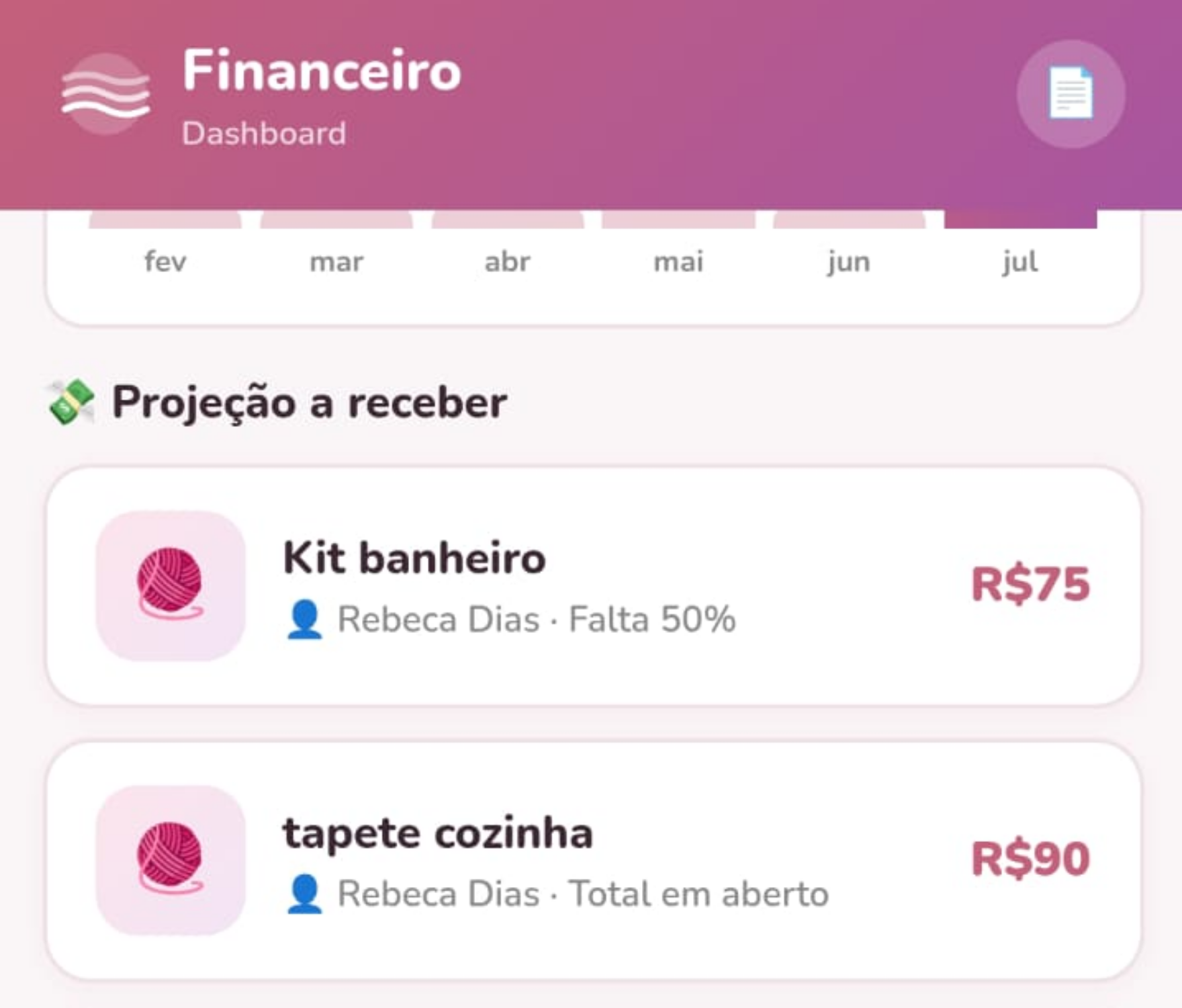 Tela financeira do Ateliê App com lucro do mês em destaque