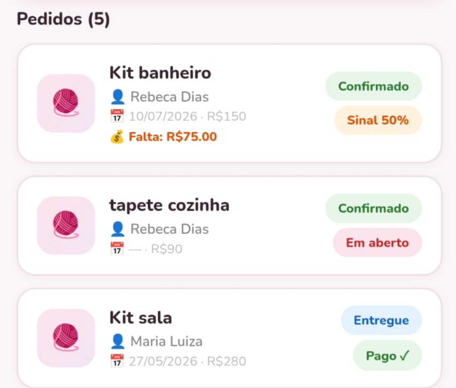 Tela de pedidos do Ateliê App com status e prazos
